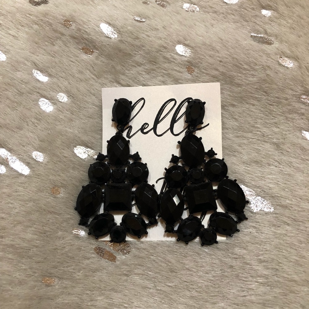 New Metal and Black Jewel Chandelier Earrings